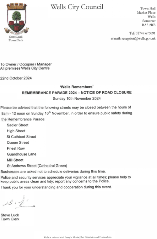 ROAD CLOSURE NOTICE - 10th November 2024